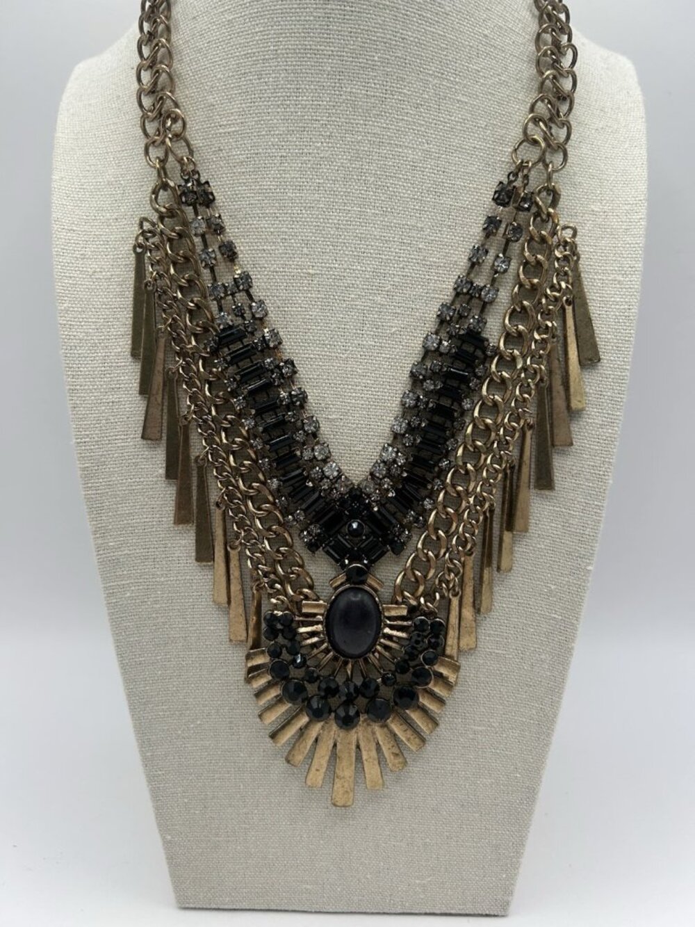 Vintage Statement Necklace Gold Tone Black Rhinestone Bib Chain Fringe Necklace